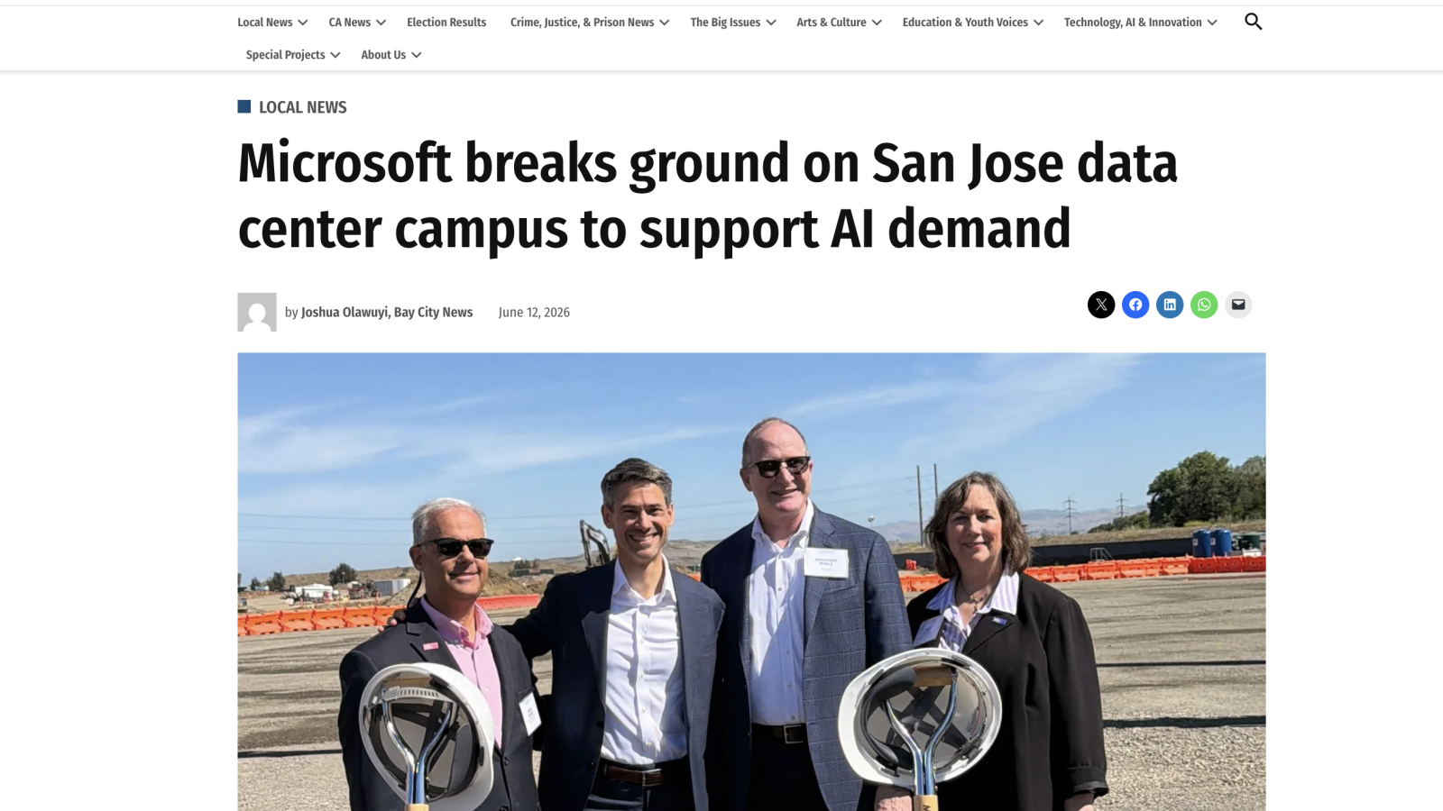 San Jose City Council member David Cohen, Mayor Matt Mahan, Microsoft Senior Director of Infrastructure Government Affairs Jonathan Noble and Vice Mayor Pam Foley participate in the groundbreaking ceremony for Microsoft’s new data center campus in San Jose, Calif., on Wednesday, June 10, 2026. (Joshua Olawuyi/Bay City News)