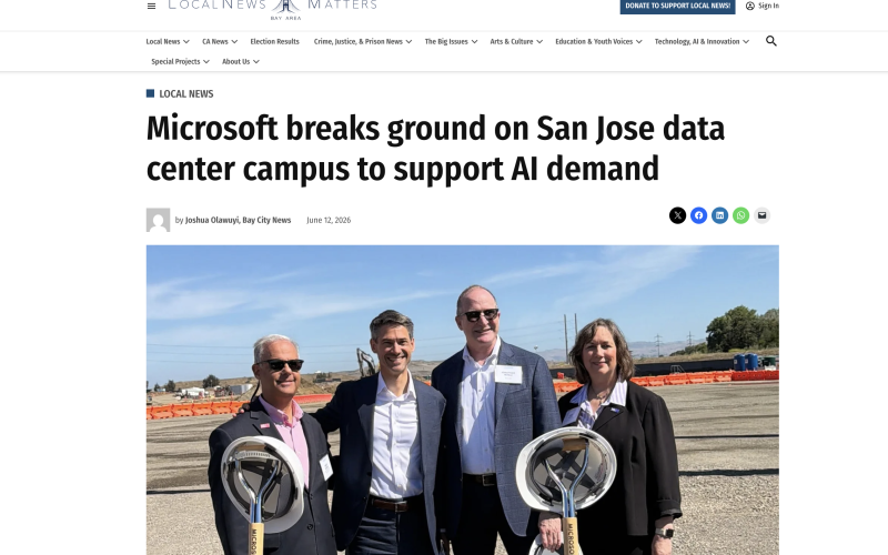 San Jose City Council member David Cohen, Mayor Matt Mahan, Microsoft Senior Director of Infrastructure Government Affairs Jonathan Noble and Vice Mayor Pam Foley participate in the groundbreaking ceremony for Microsoft’s new data center campus in San Jose, Calif., on Wednesday, June 10, 2026. (Joshua Olawuyi/Bay City News)